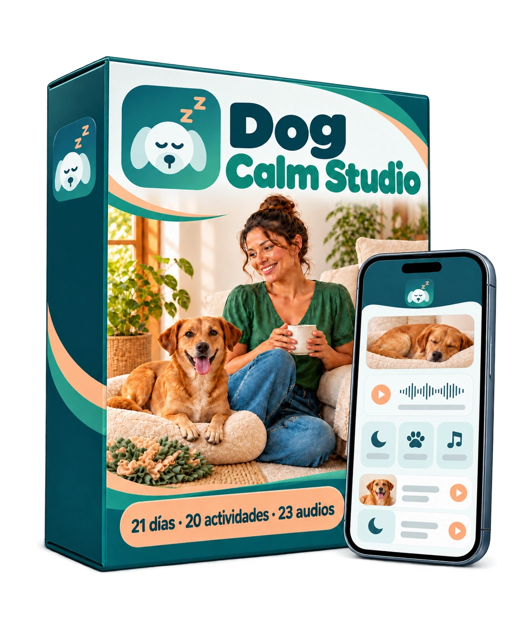 Caja del producto Dog Calm Studio con la aplicación en el celular