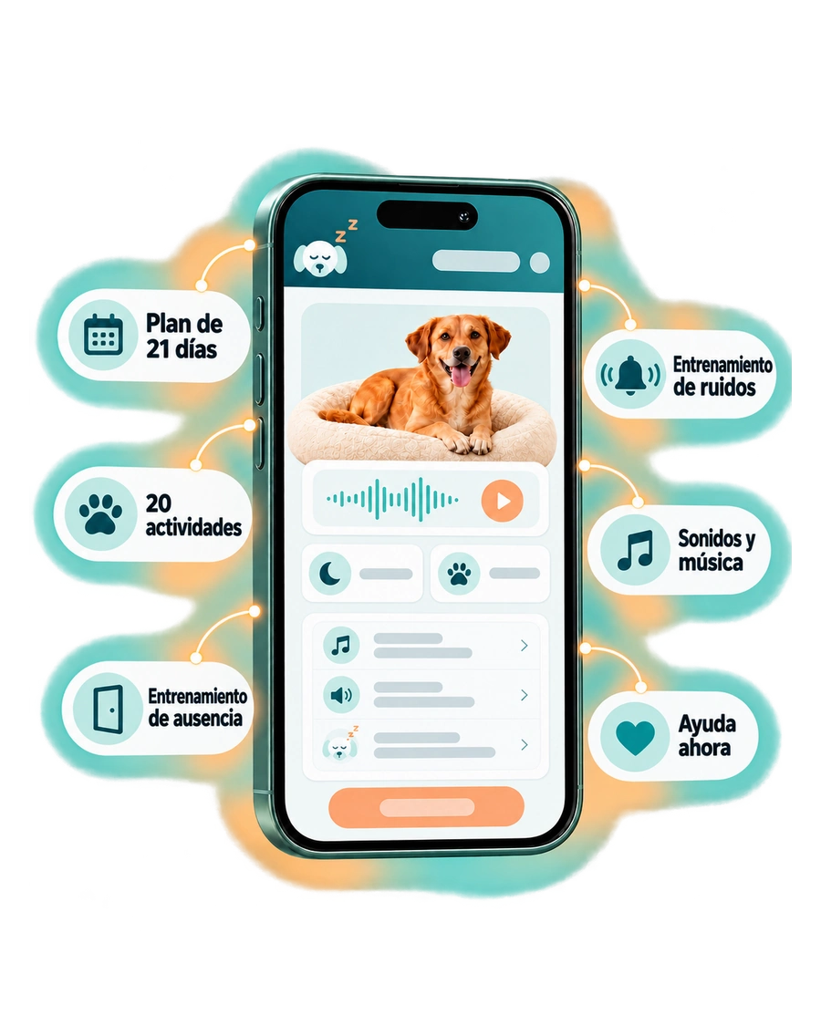 Aplicación Dog Calm Studio en el celular con plan de 21 días, 20 actividades, entrenamiento de ausencia, entrenamiento de ruidos, sonidos y música y ayuda ahora