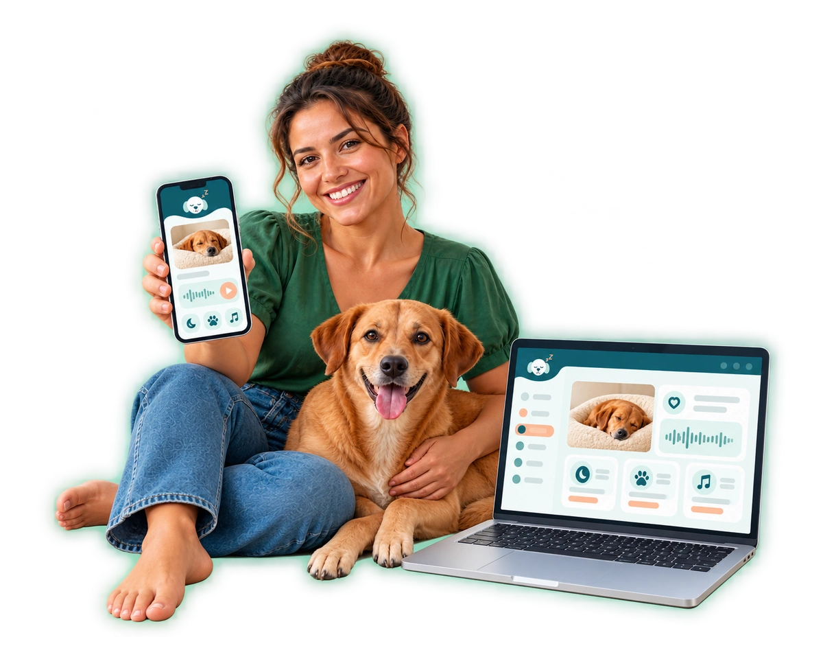 Mujer con su perro caramelo usando Dog Calm Studio en el celular y en la computadora